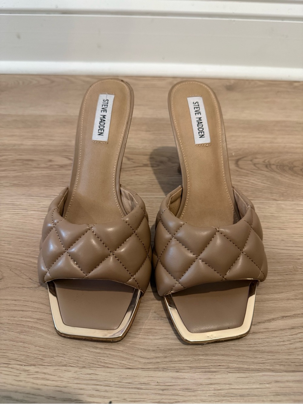 Steve Madden Quilted Tan Slide Heels with Gold Trim